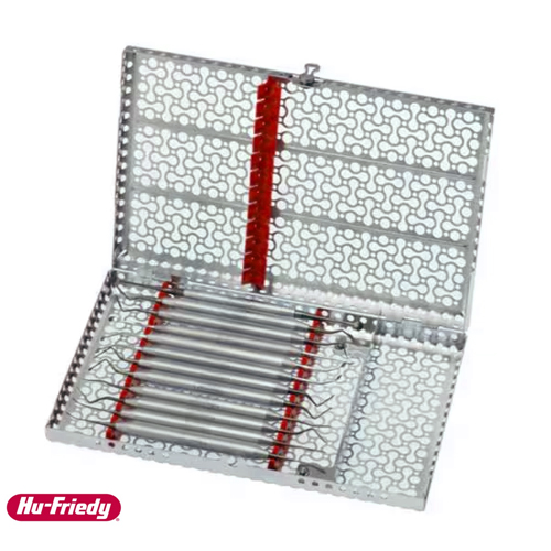 Hu-Friedy® Rostfri Bricka med lock perforerad 12 Instrument, Röd