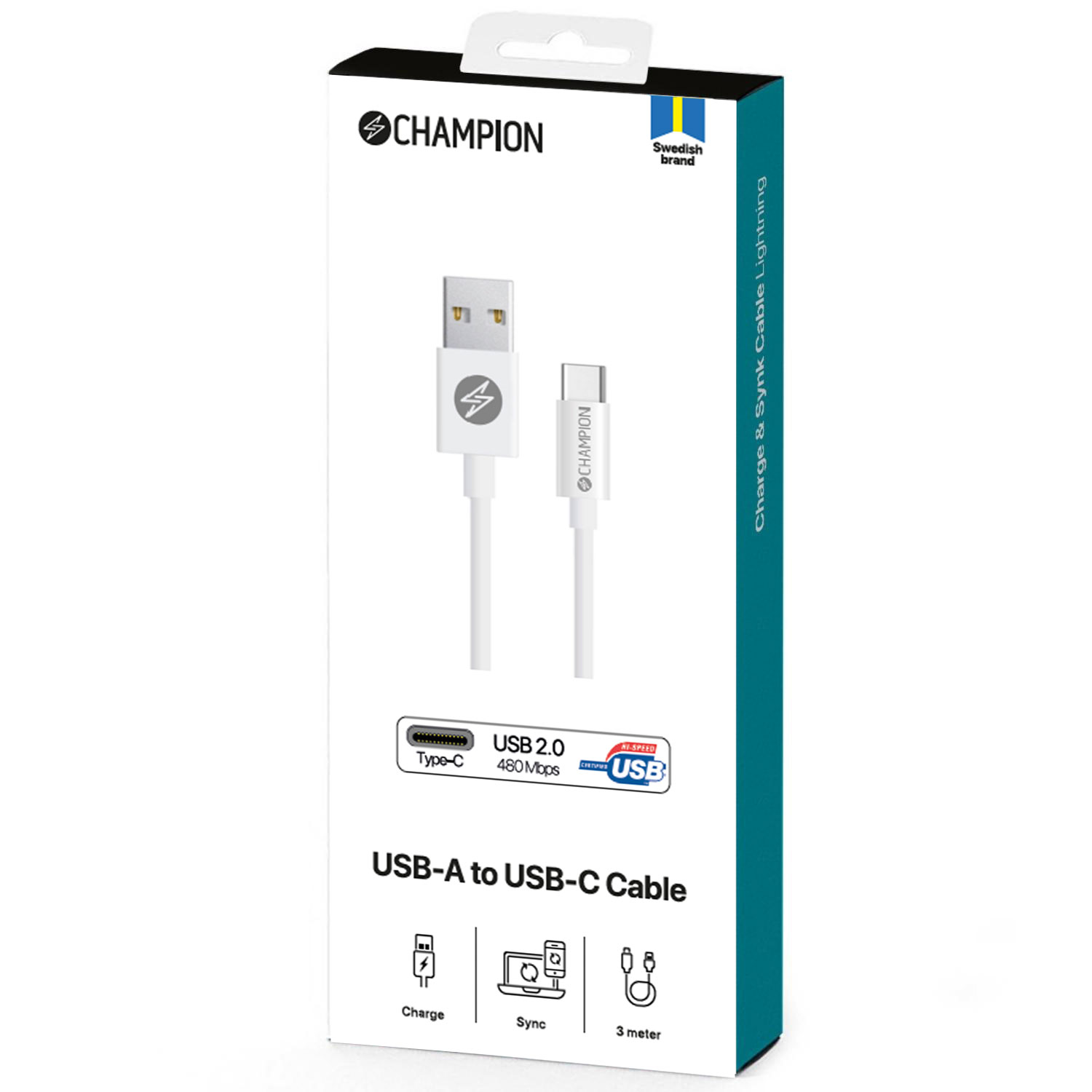 USB-A till USB-C Kabel 3m Vit - 2