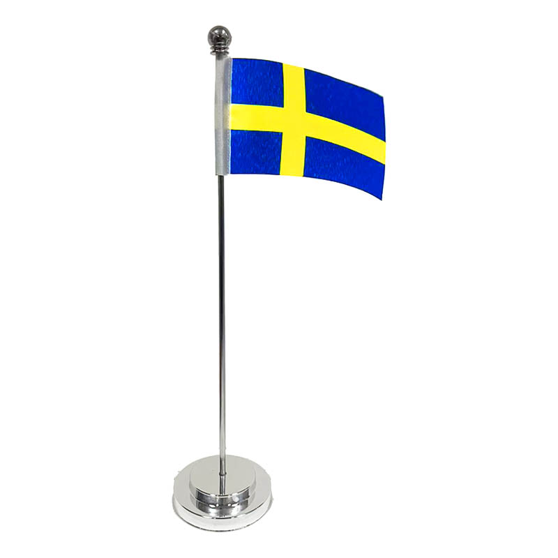 Bordsflagga, Sverige förkromad fotplatta och stång. Höjd 300mm. Tygflagga 105 x 70 mm. 