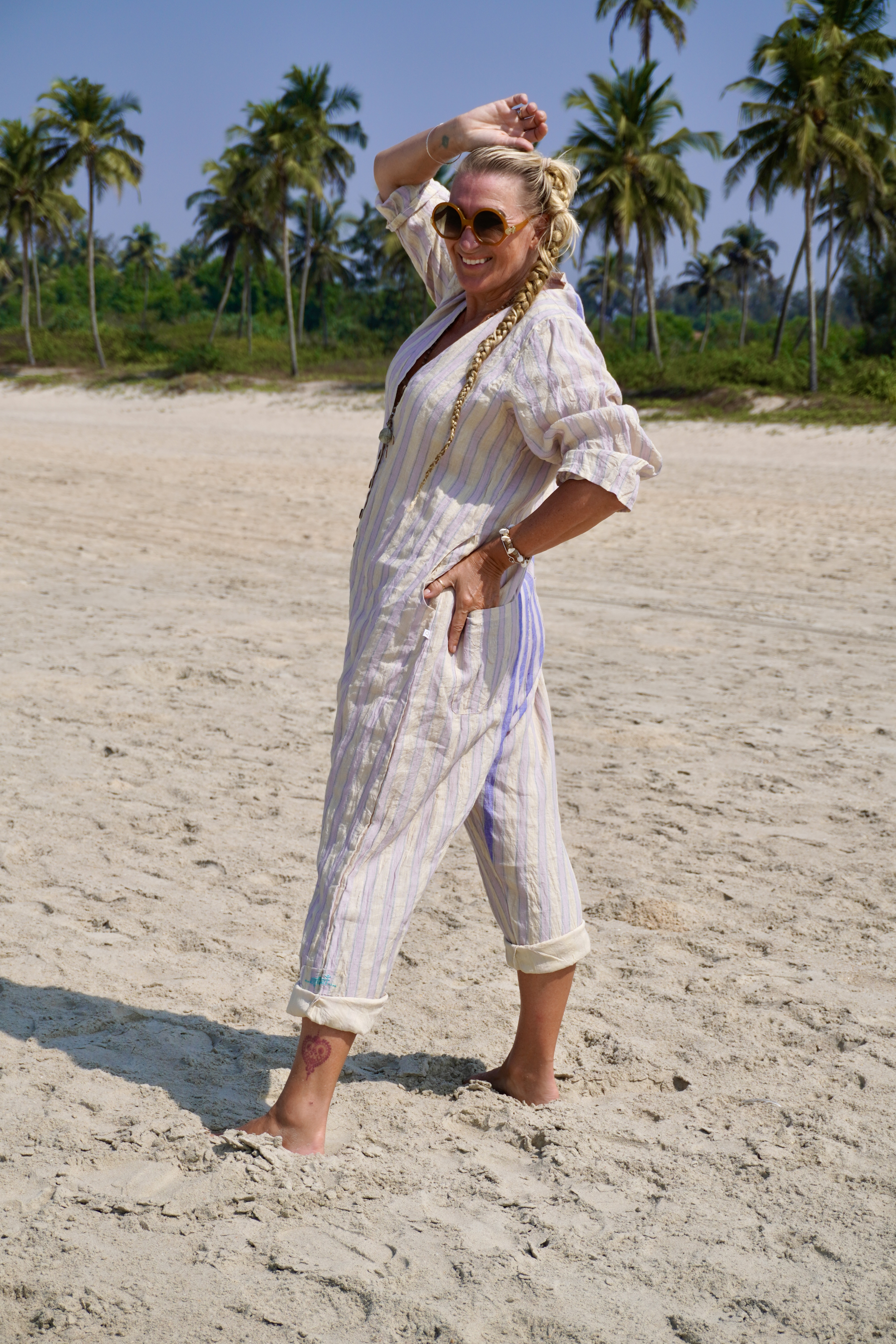 NATALIA STRIPE LINEN JUMPSUIT ICE CREAM - Agencies Turquoise