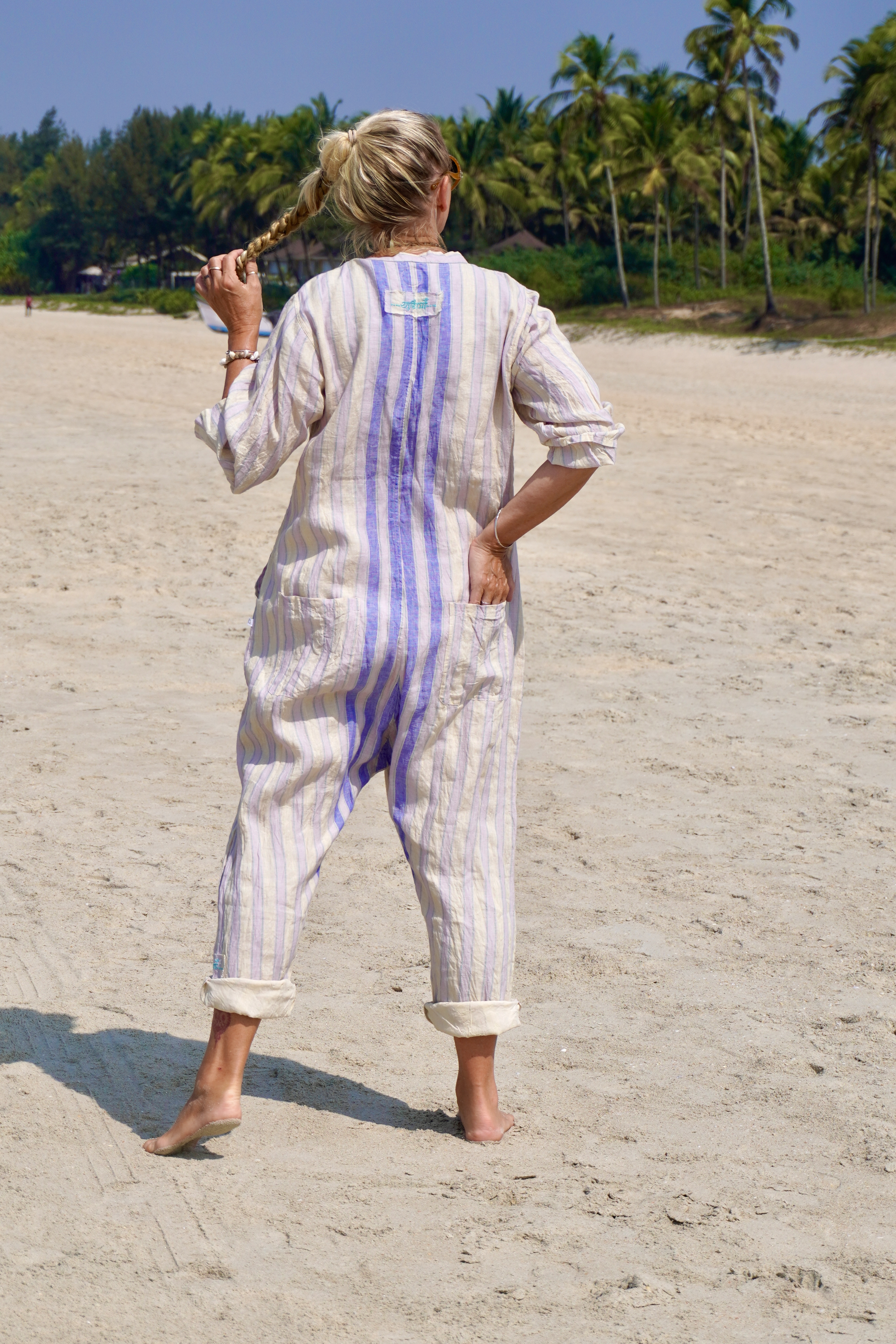 NATALIA STRIPE LINEN JUMPSUIT ICE CREAM - Agencies Turquoise