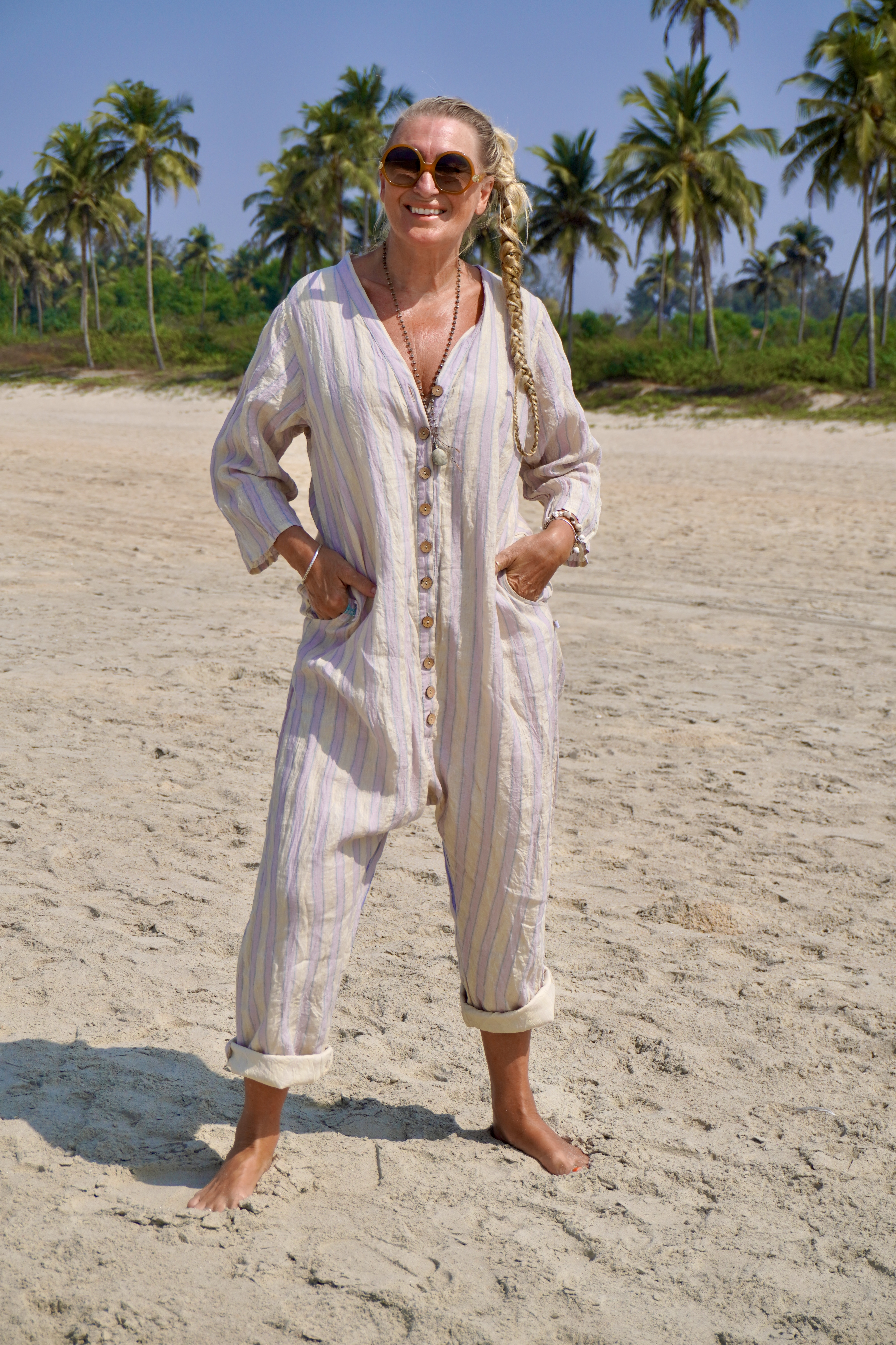 NATALIA STRIPE LINEN JUMPSUIT ICE CREAM - Agencies Turquoise