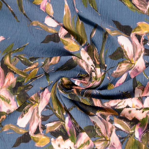 Plisserad Blommig Chiffong Grå & Denim