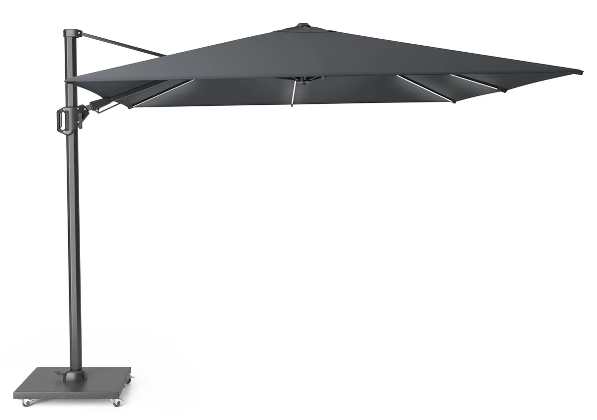 Sidohängt parasoll 300x300 cm med antracit stomme och grått kapell