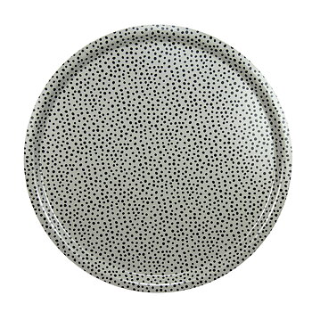 Rund bricka med diametern 38 cm. Gröngrå botten med svarta prickar.