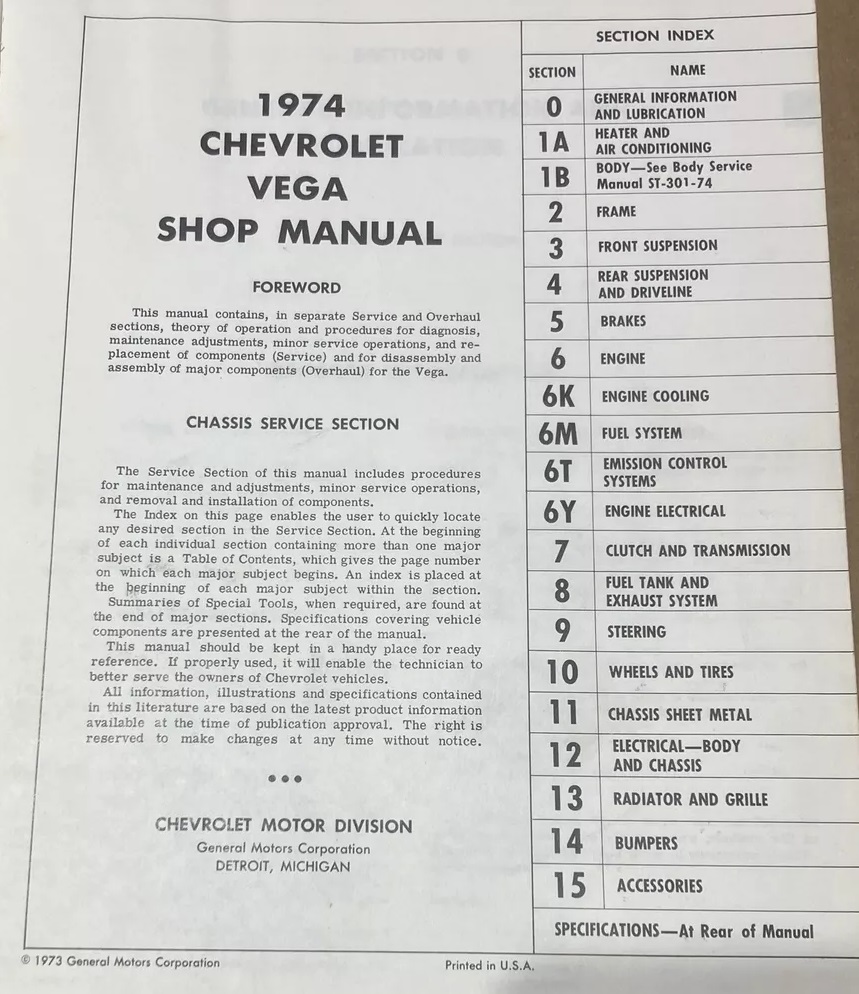 1974 Chevrolet Vega Service and Overhaul Manual - 2