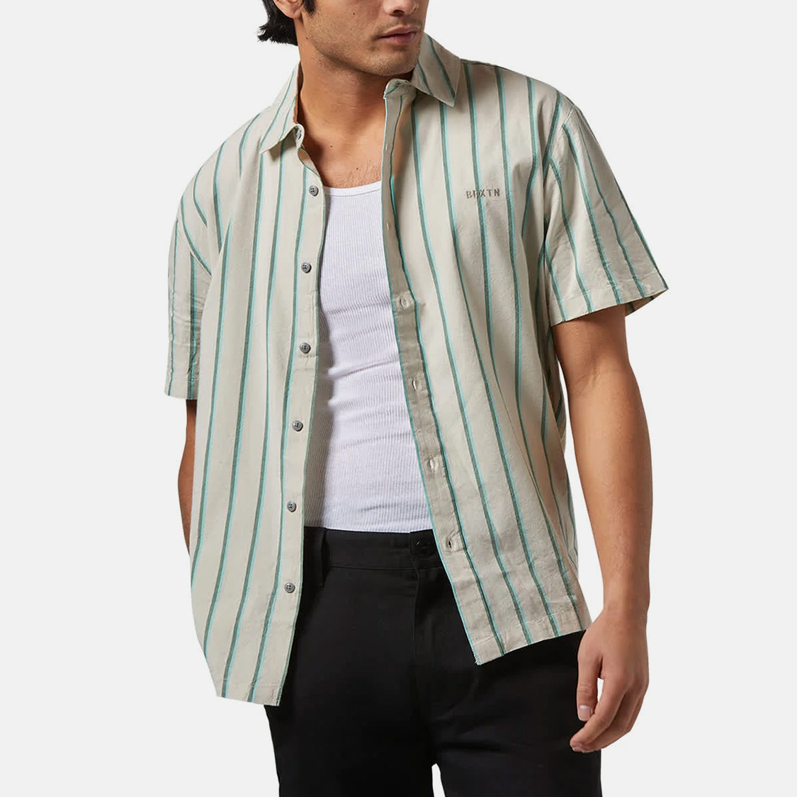 Brixton - CRU Stripe SS Shirt Beige/Pine Needle/Aquatic Green