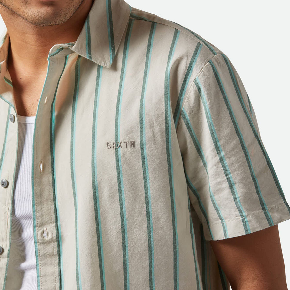 Brixton - CRU Stripe SS Shirt Beige/Pine Needle/Aquatic Green - 4