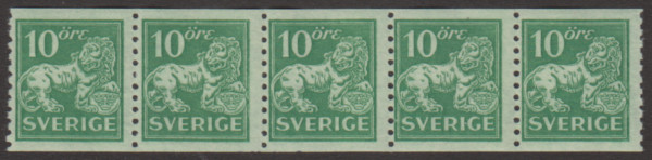F 144Abz, 10 öre Stående lejon femstrip **