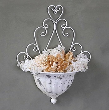 Väggkruka blomlåda snirklig antik-vit metall för vägg shabby chic lantlig stil Gårdsromantik