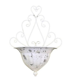 Väggkruka blomlåda snirklig antik-vit metall för vägg shabby chic lantlig stil Gårdsromantik