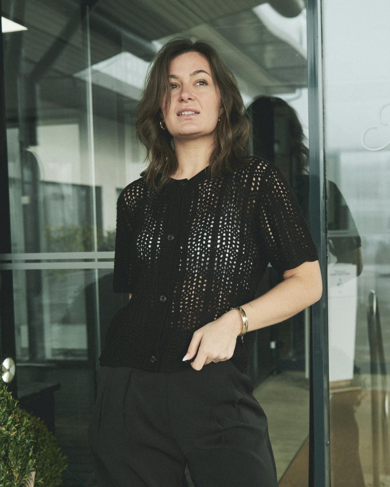 Neo Noir Ellen Crochet Knit Cardigan, Black - 6