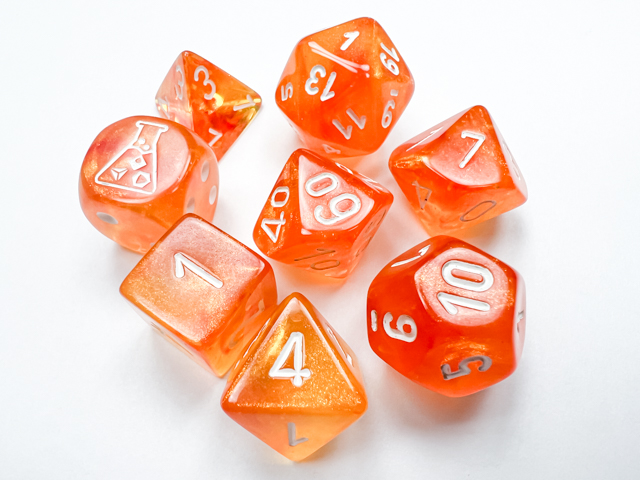 Borealis Polyhedral Blood Orange/white Luminarya 7-Die Set (with bonus die