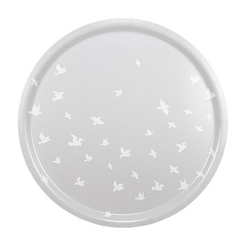 Rund bricka med diametern 38 cm. Ljusgrå botten med vita fåglar.