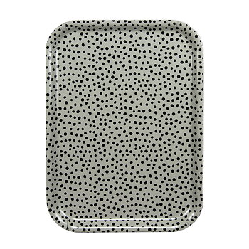 Rektangulär bricka i storlek 27×20 cm. Gröngrå botten med svarta prickar.