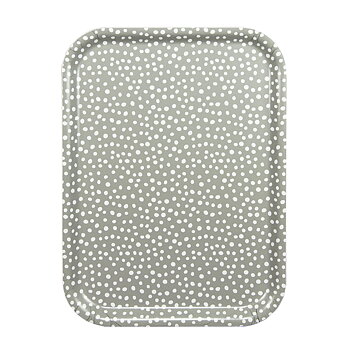 Rektangulär bricka i storlek 27×20 cm. Gröngrå botten med vita prickar.