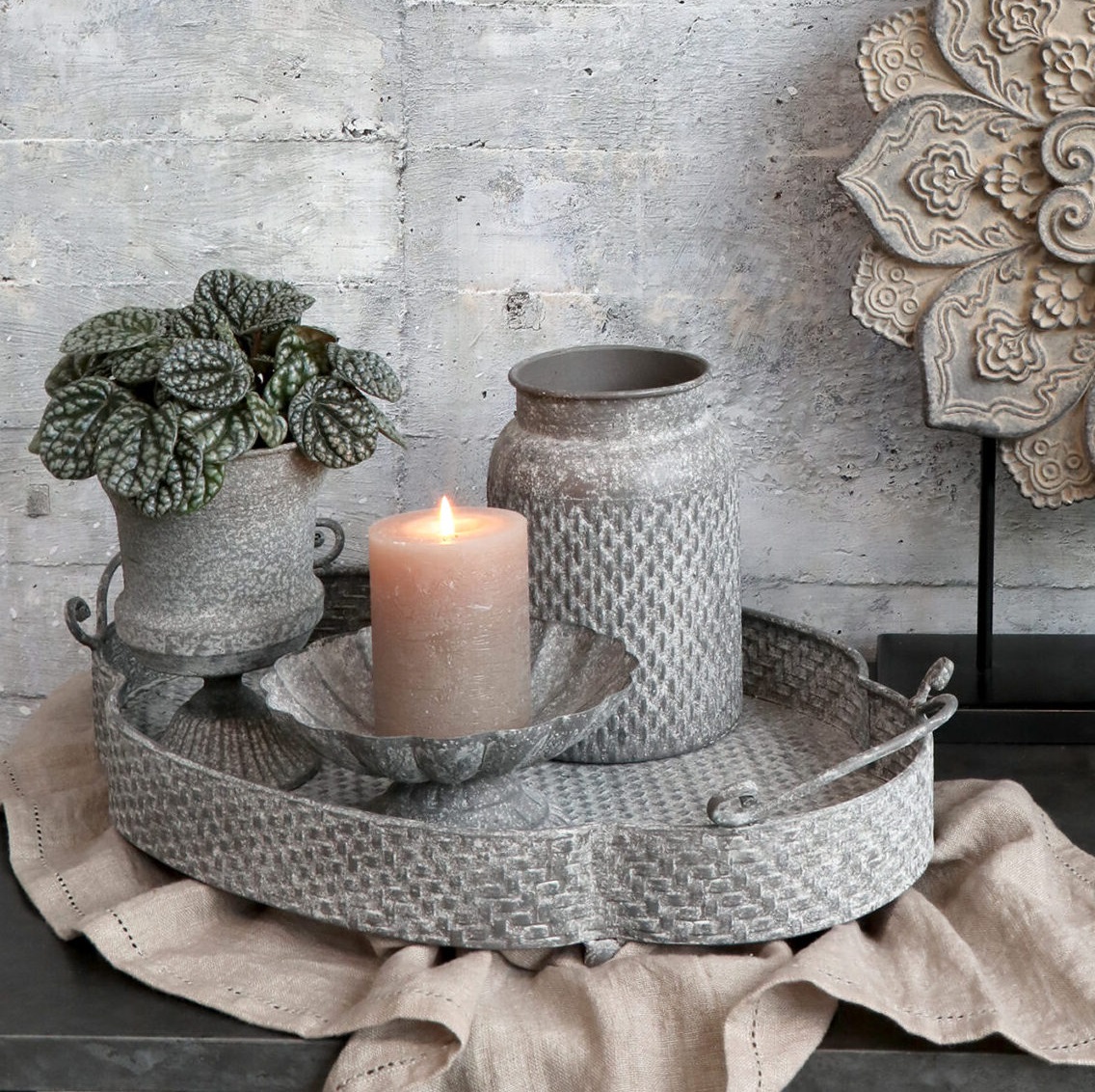Zink bricka med handtag 2 storlekar lantlig stil Chic antique 
