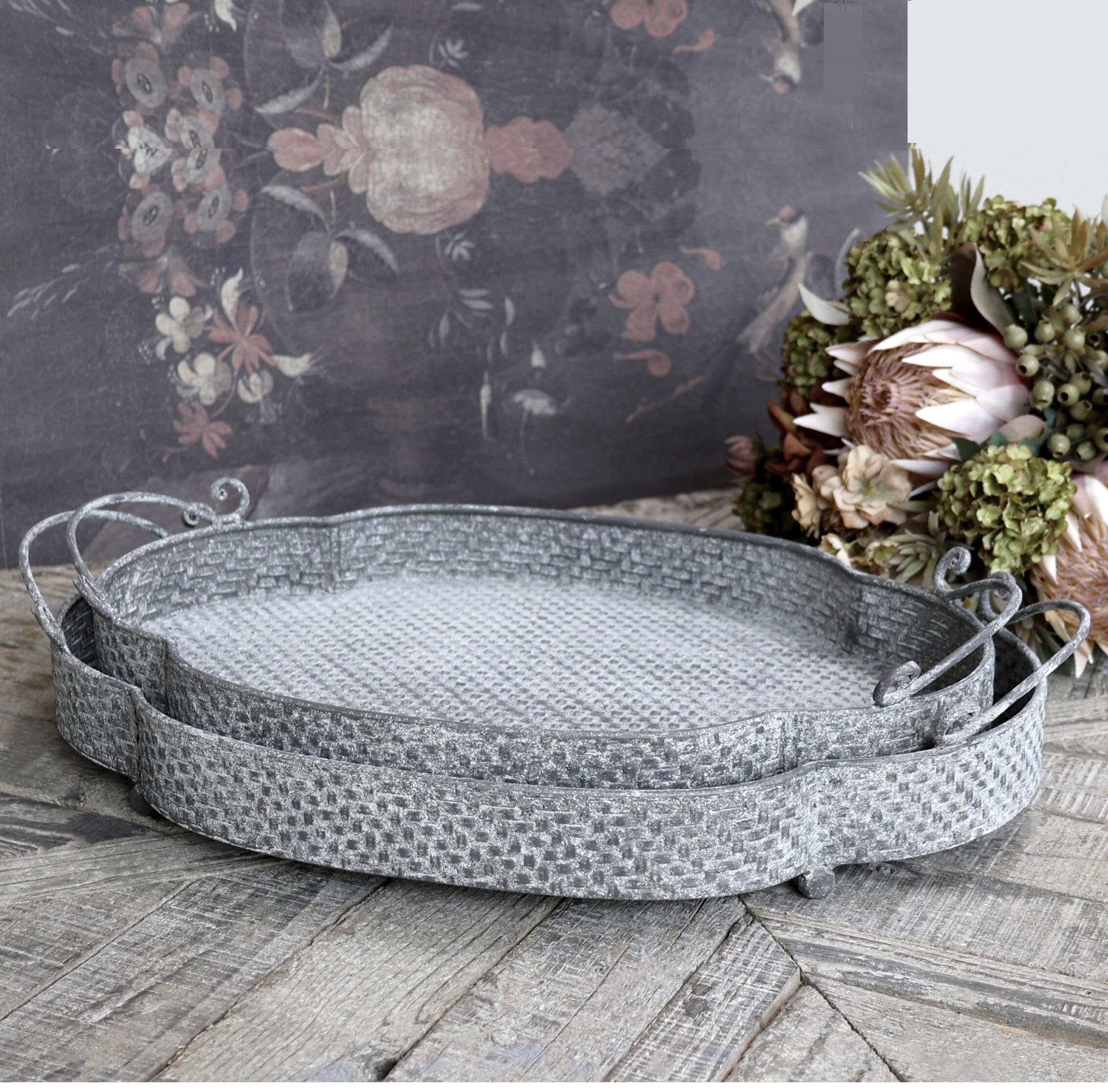 Zink bricka med handtag 2 storlekar lantlig stil Chic antique  - 2