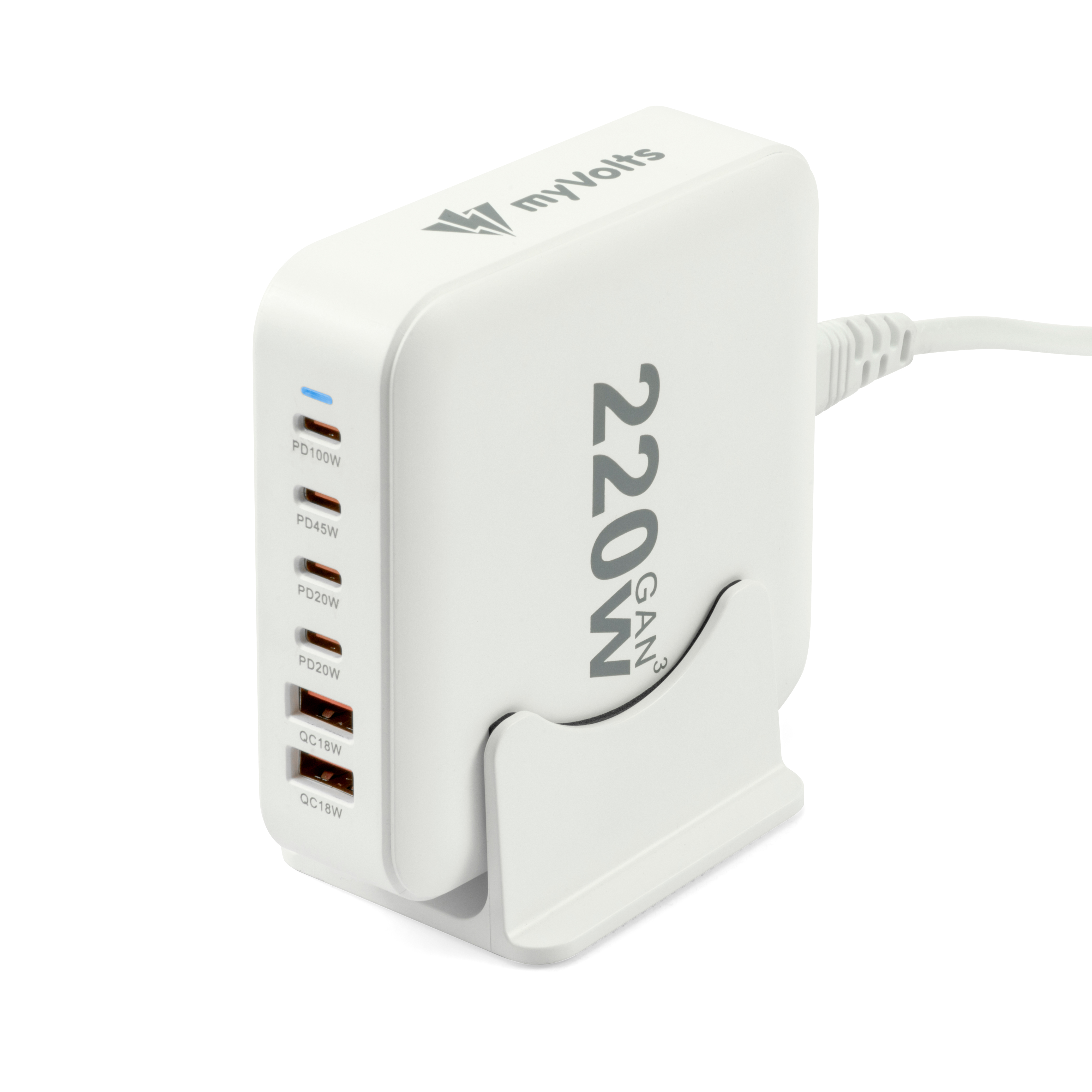 myVolts USB AC Power Hub 220W, 4 x USB-C PD outputs, 2 x USB-A QC outputs, with 2-pin EU wall plug