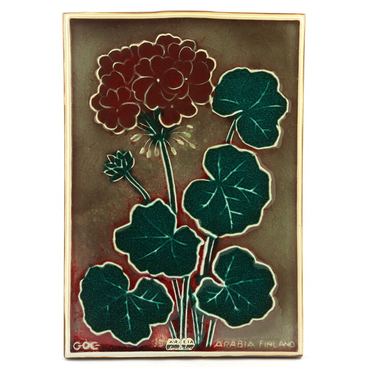 Gunvor Olin-Grönqvist (Arabia 1960s) Green/Red/Brown Wall Plaque with Flower Motif 28 cm