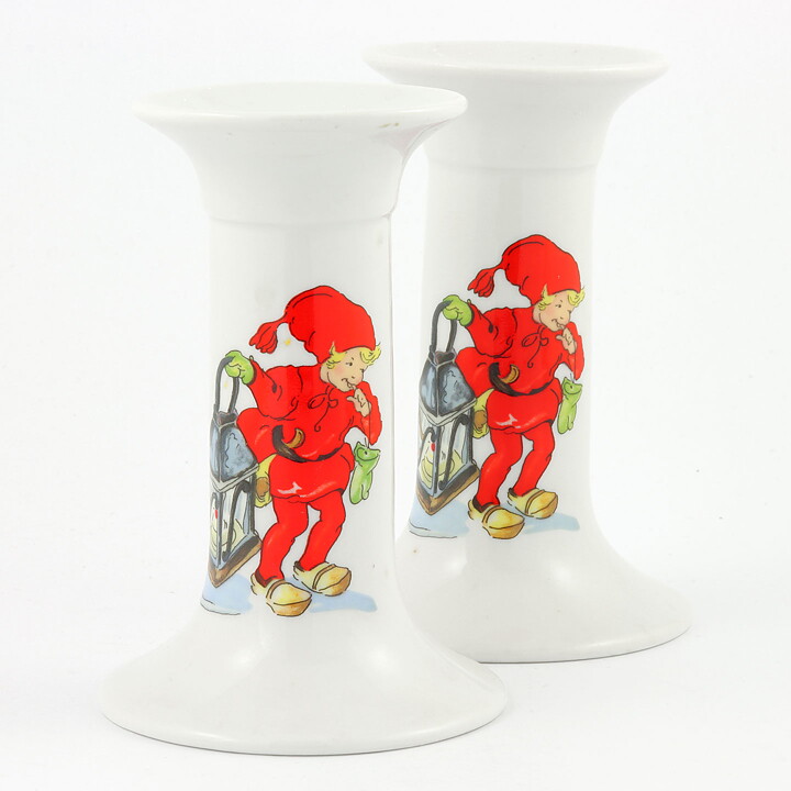 Two Candleholders with Christmas Decor from Rörstrand 13 cm (Tomtejul 1970s) 