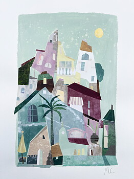 Collage "A memory of Mallorca" av Maria C Bernhardsson. Orginal utan ram. 70x50cm.