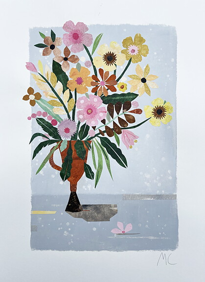 Collage "Sunny flowers" av Maria C Bernhardsson. Orginal utan ram. 70x50cm.