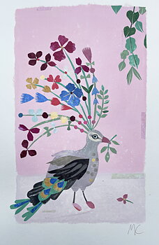Collage "The Peacock" av Maria C Bernhardsson. Orginal utan ram. 70x50cm.