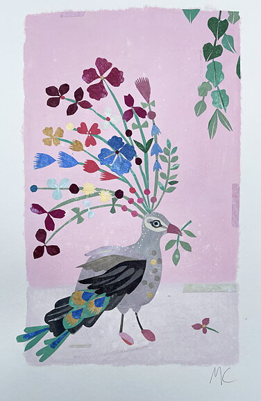 Collage "The Peacock" av Maria C Bernhardsson. Orginal utan ram. 70x50cm.