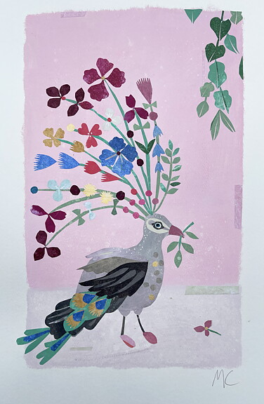Collage "The Peacock" av Maria C Bernhardsson. Orginal utan ram. 70x50cm.