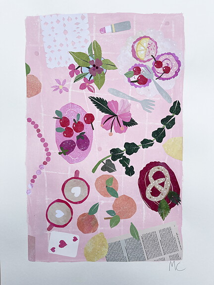 Collage "Pink breakfast in New York" av Maria C Bernhardsson. Orginal utan ram. 68x48cm.