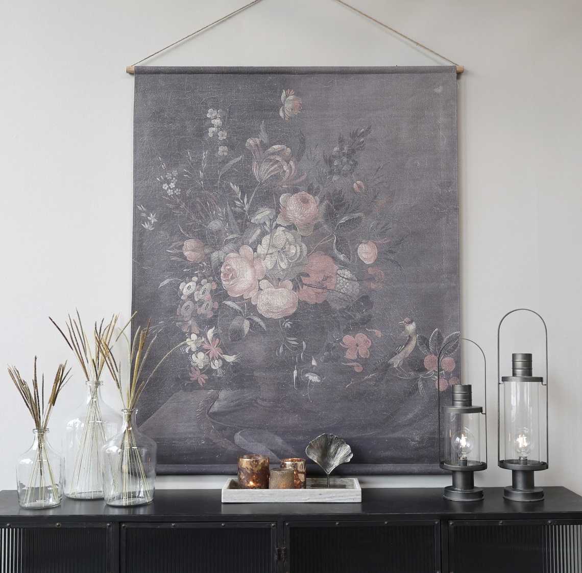 Large painting on canvas with flowers in urn shabby chic country style