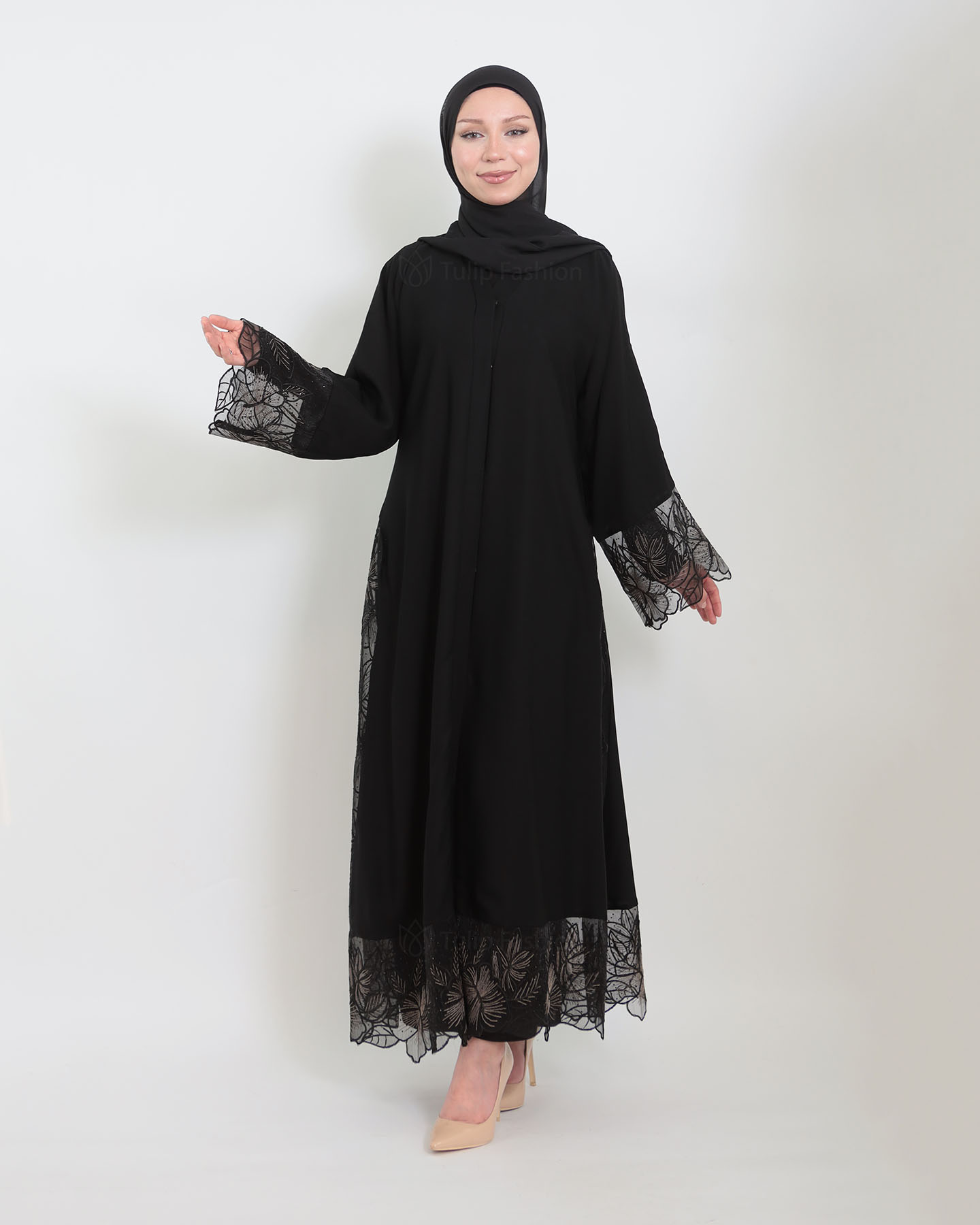 Abaya - Lace Decorated - Black - 4