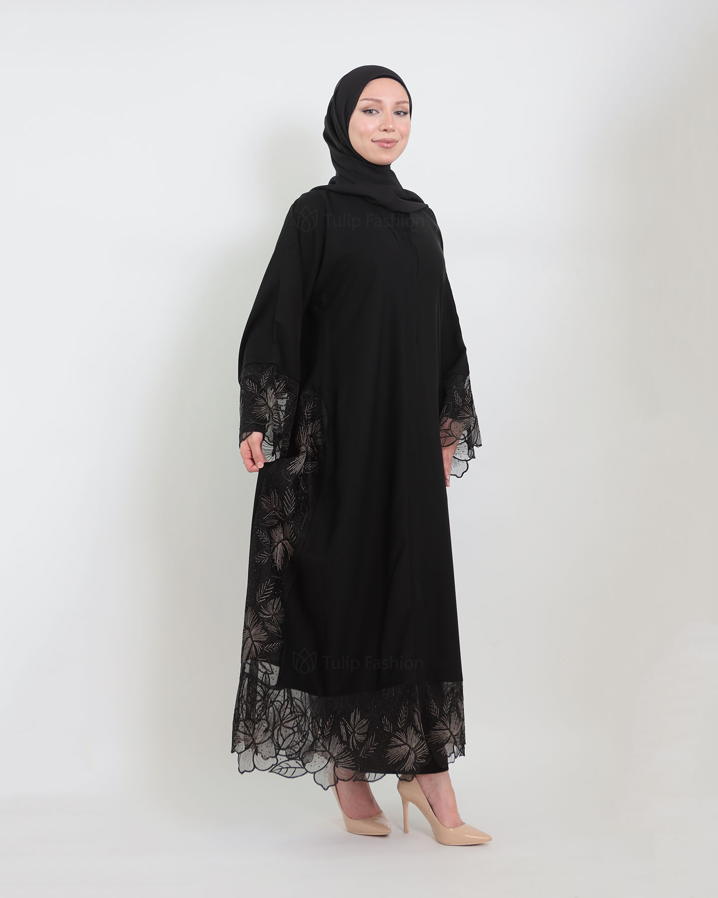 Abaya - Lace Decorated - Black - 5