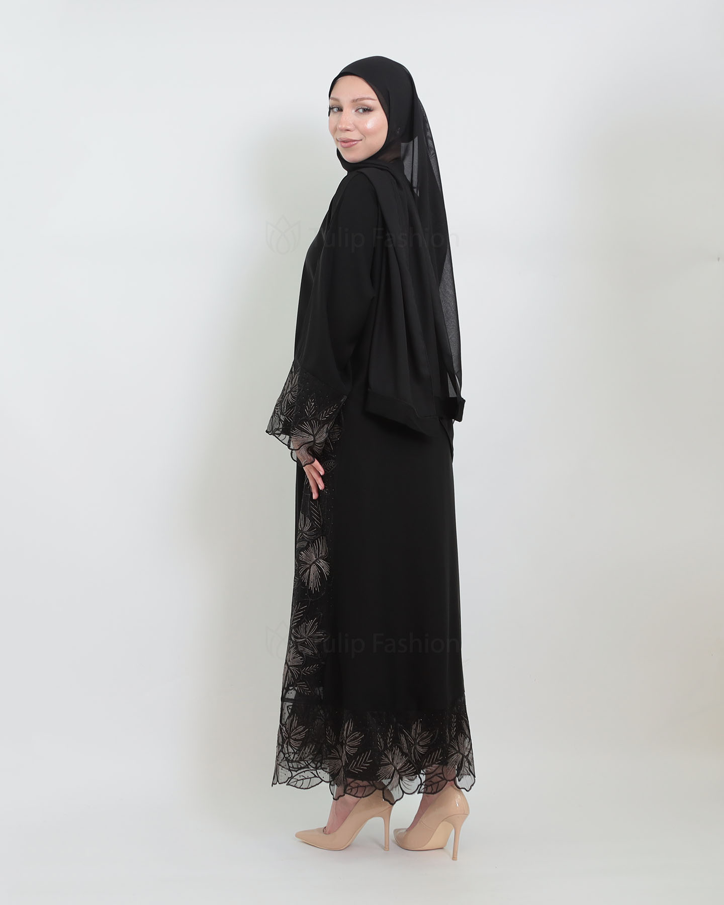 Abaya - Lace Decorated - Black - 2