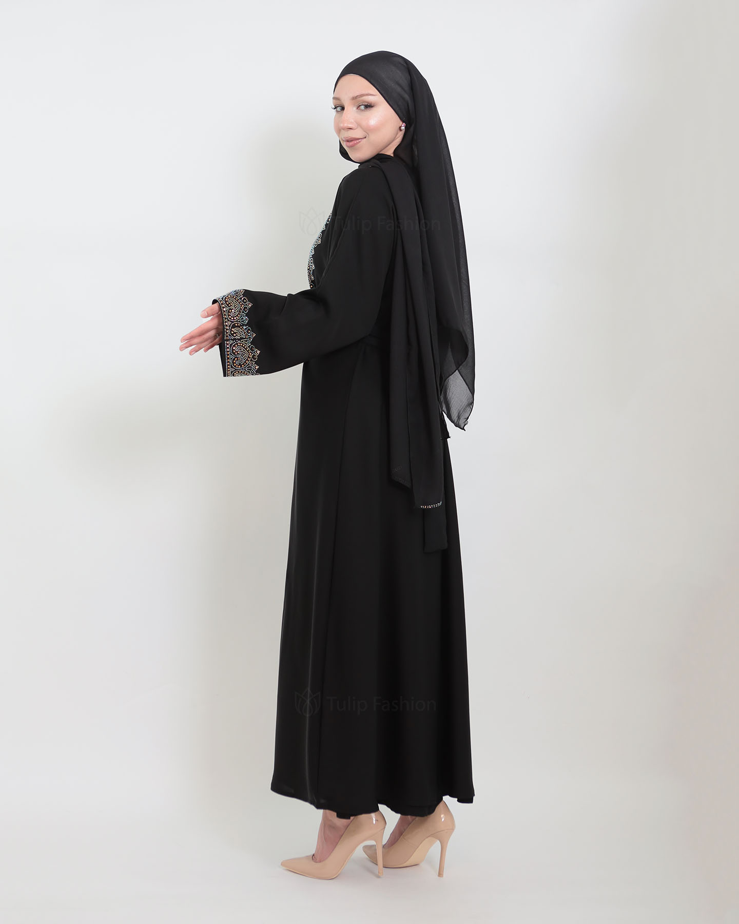 Open Abaya with Sleeveless Dress - Black - 3