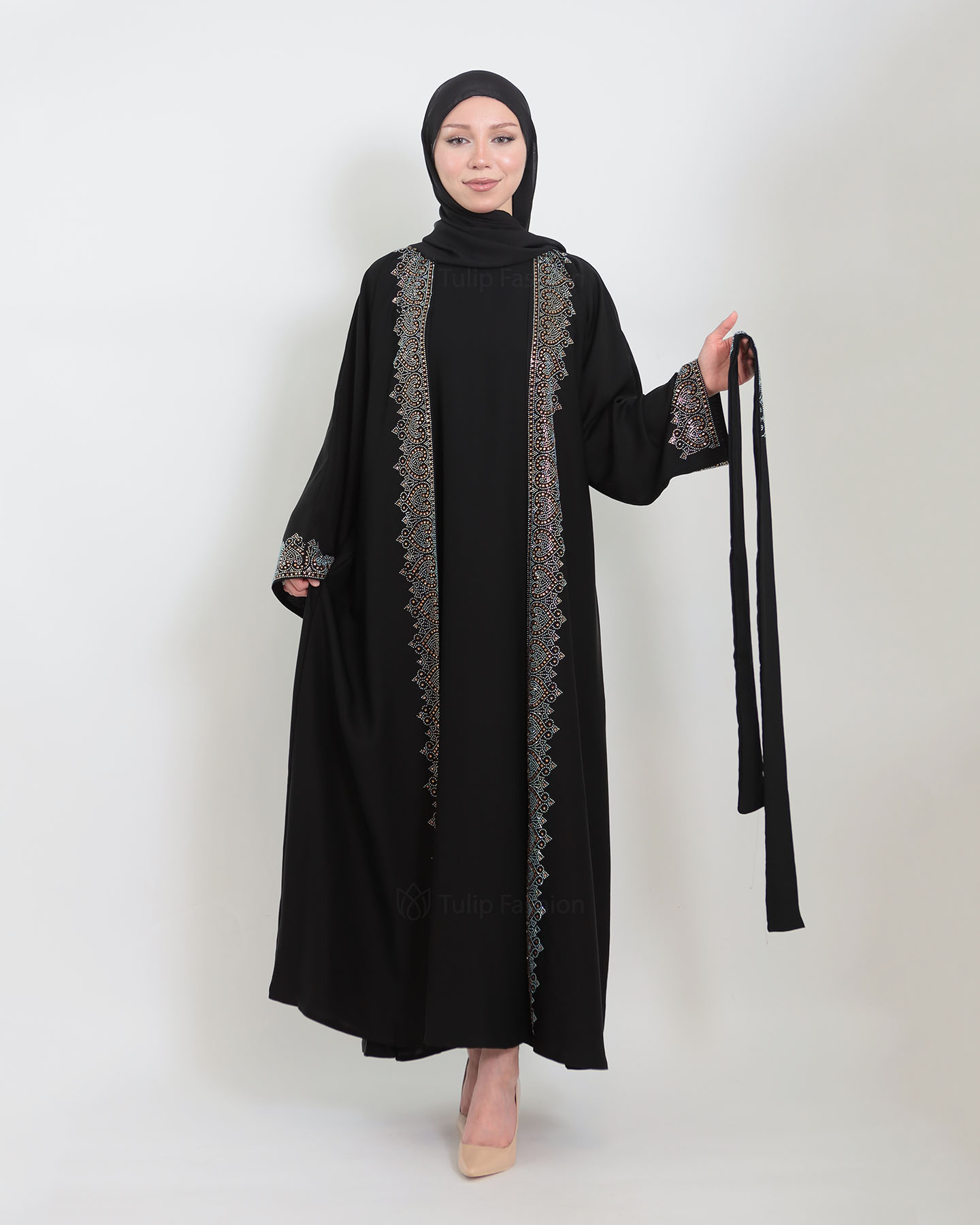 Open Abaya with Sleeveless Dress - Black - 4