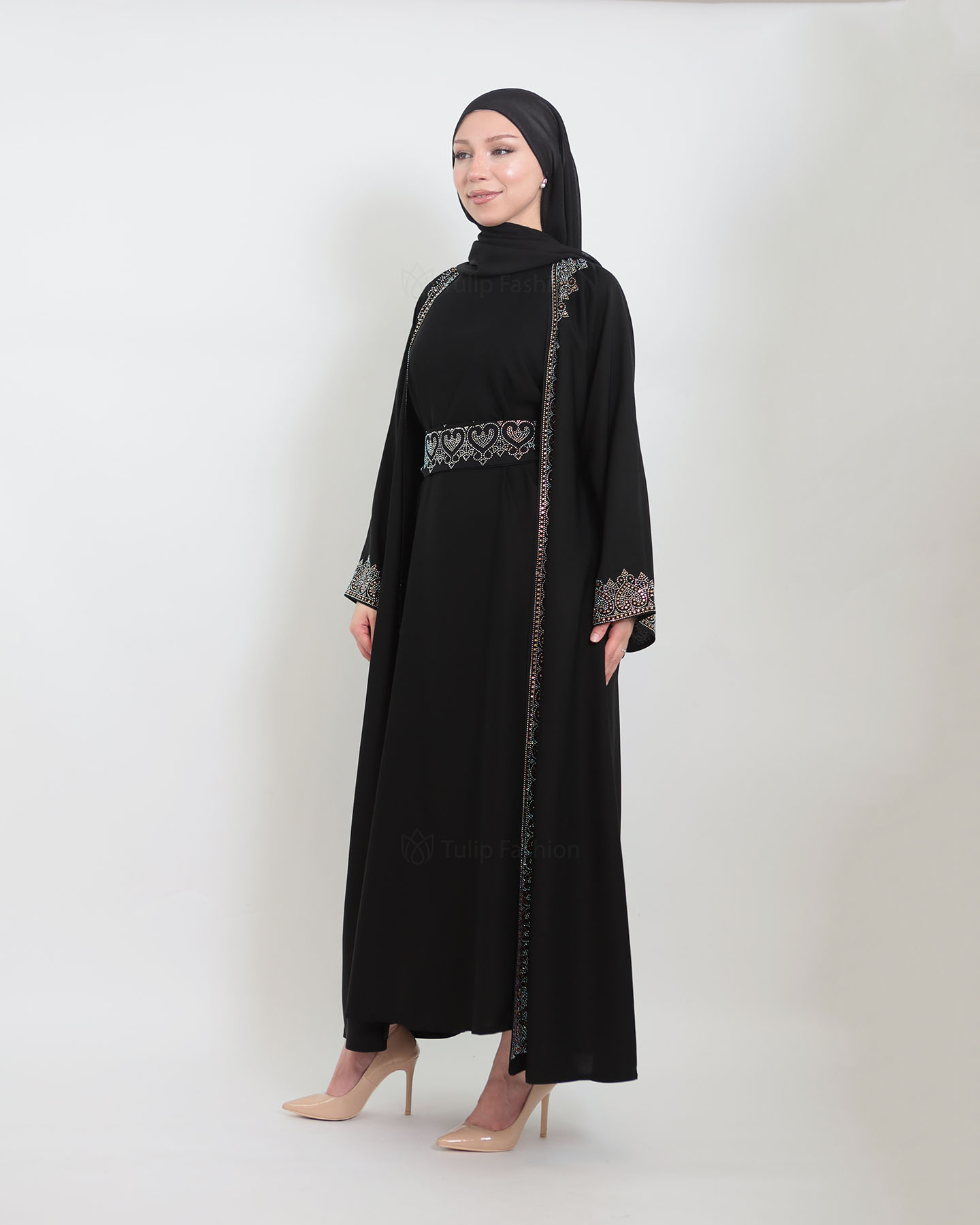 Open Abaya with Sleeveless Dress - Black - 6
