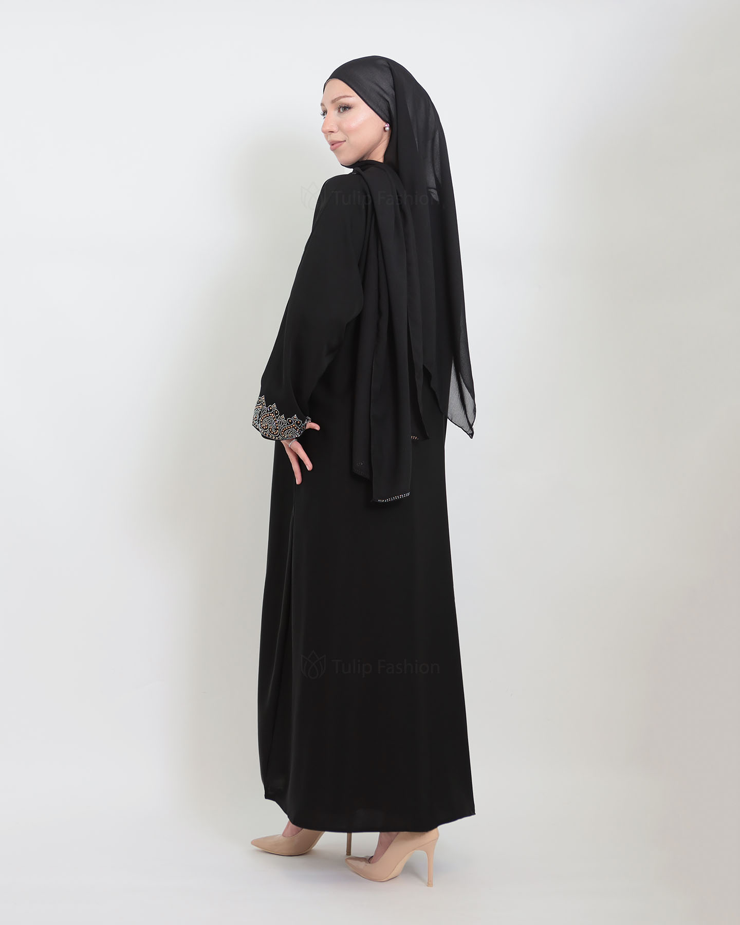 Open Abaya with Sleeveless Dress - Black - 7