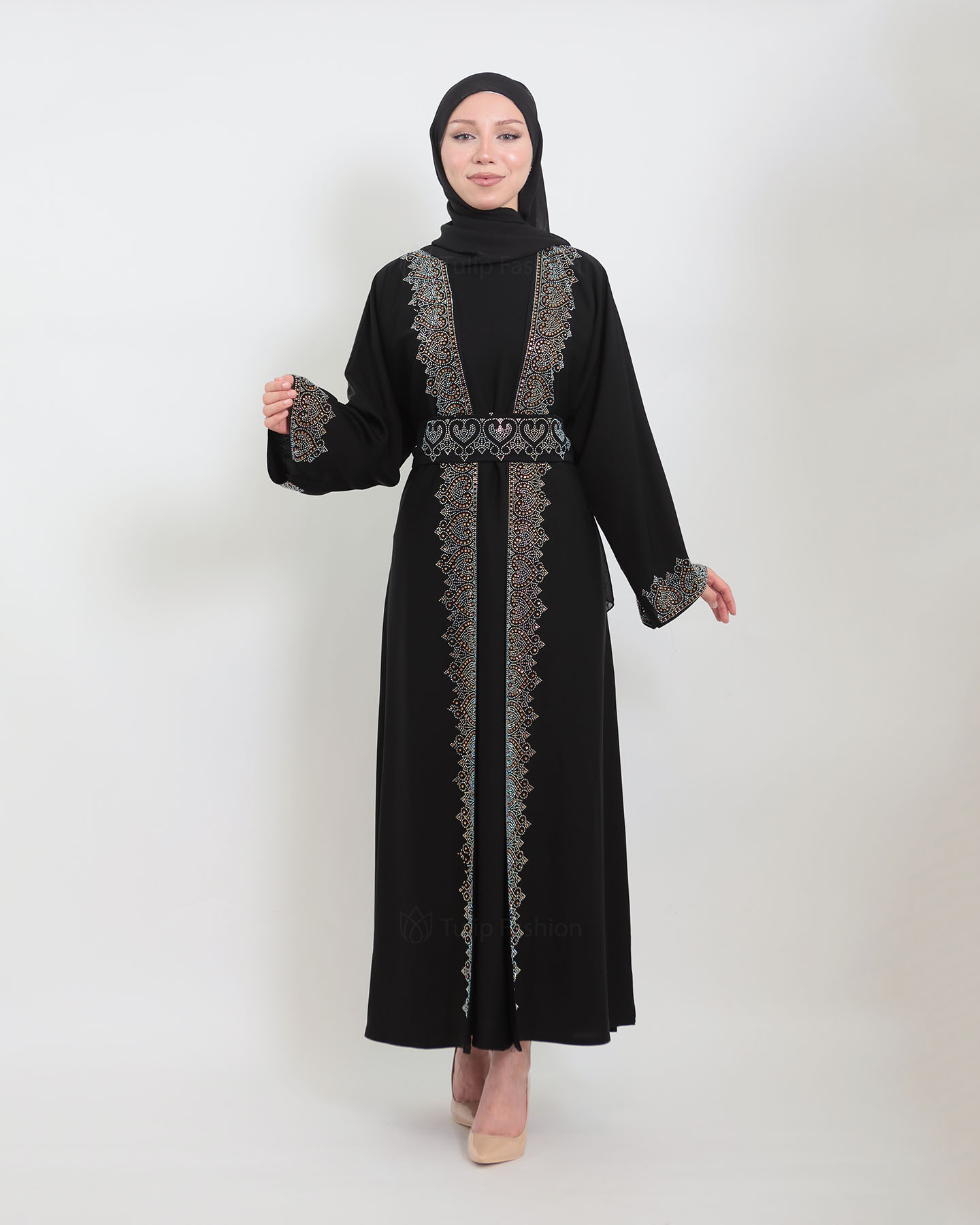 Open Abaya with Sleeveless Dress - Black