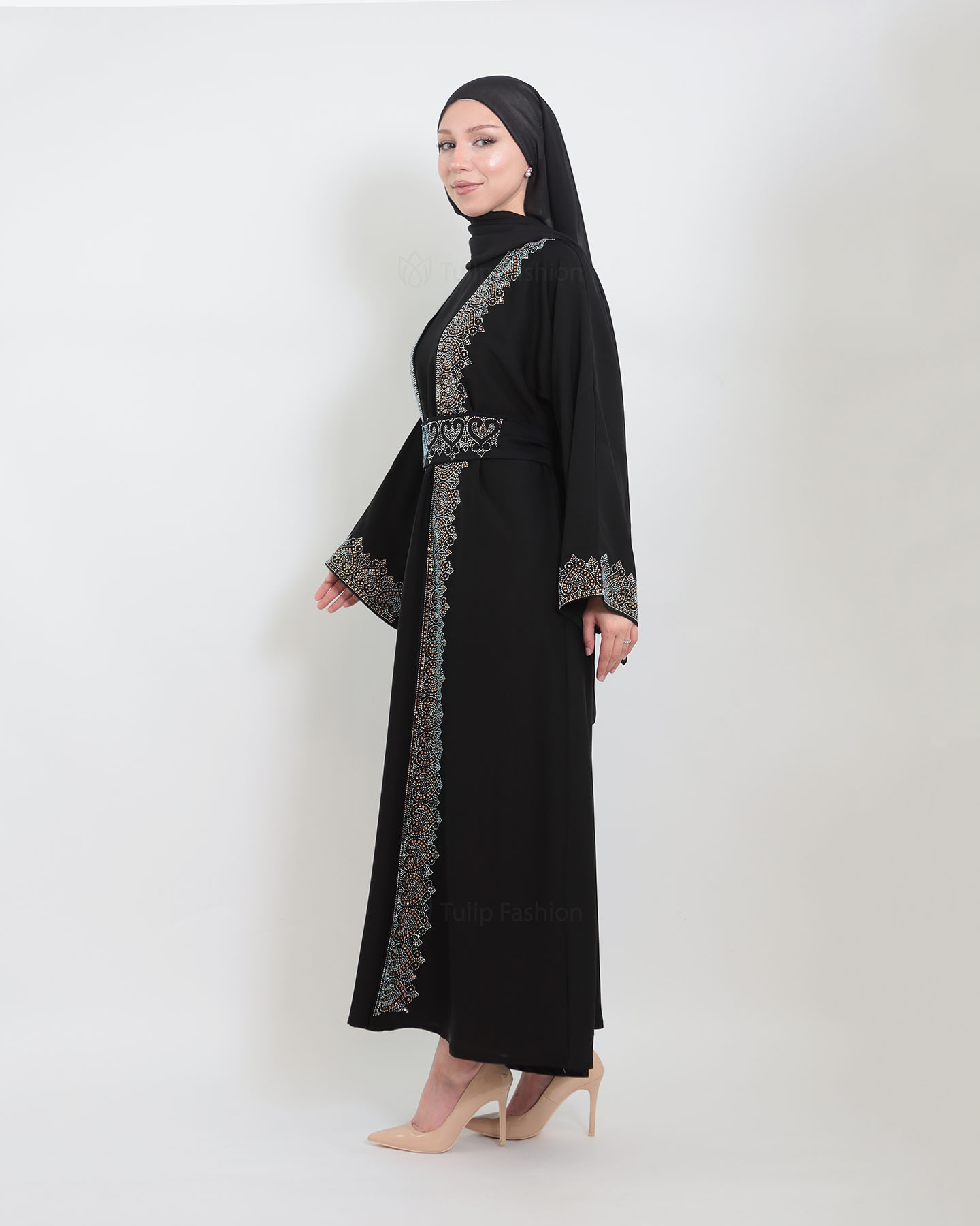 Open Abaya with Sleeveless Dress - Black - 2
