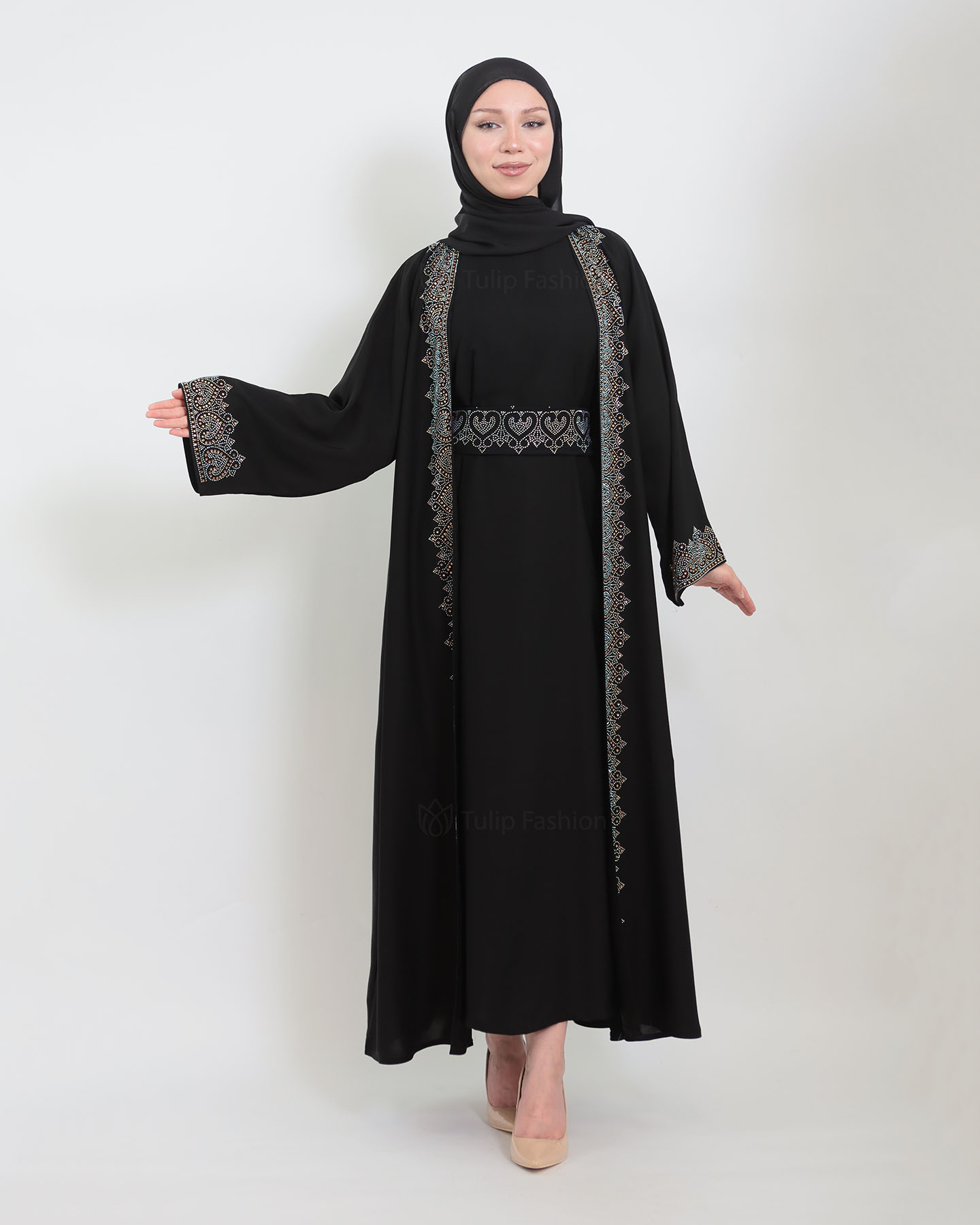 Open Abaya with Sleeveless Dress - Black - 5