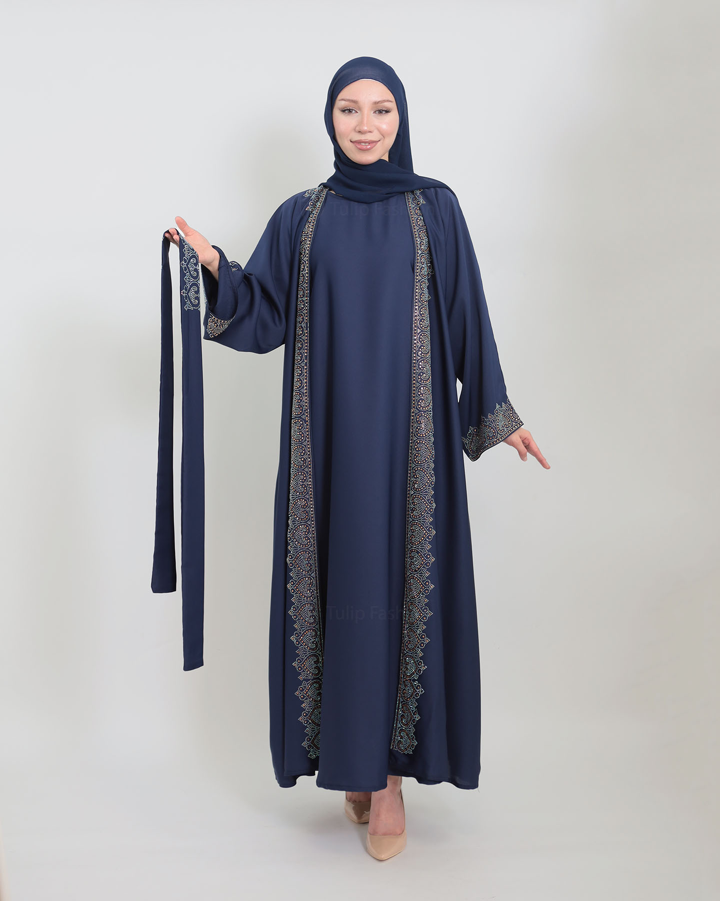 Open Abaya with Sleeveless Dress - Midnight Blue - 4