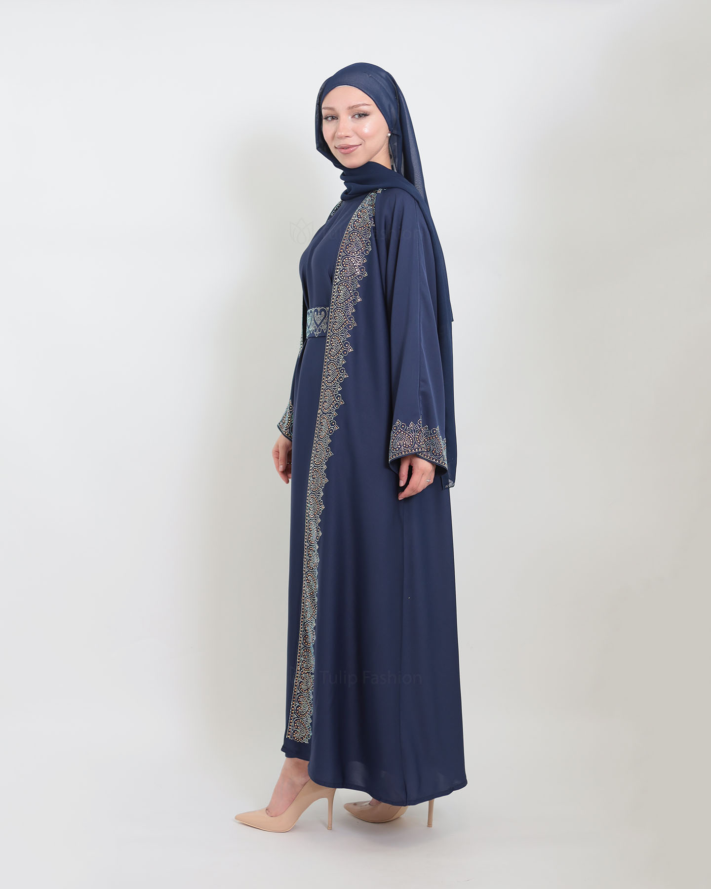 Open Abaya with Sleeveless Dress - Midnight Blue - 7