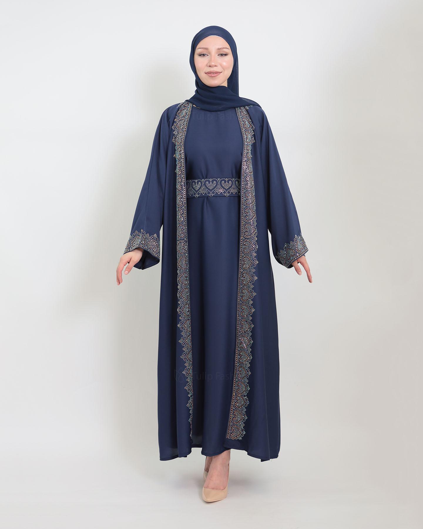 Open Abaya with Sleeveless Dress - Midnight Blue - 5