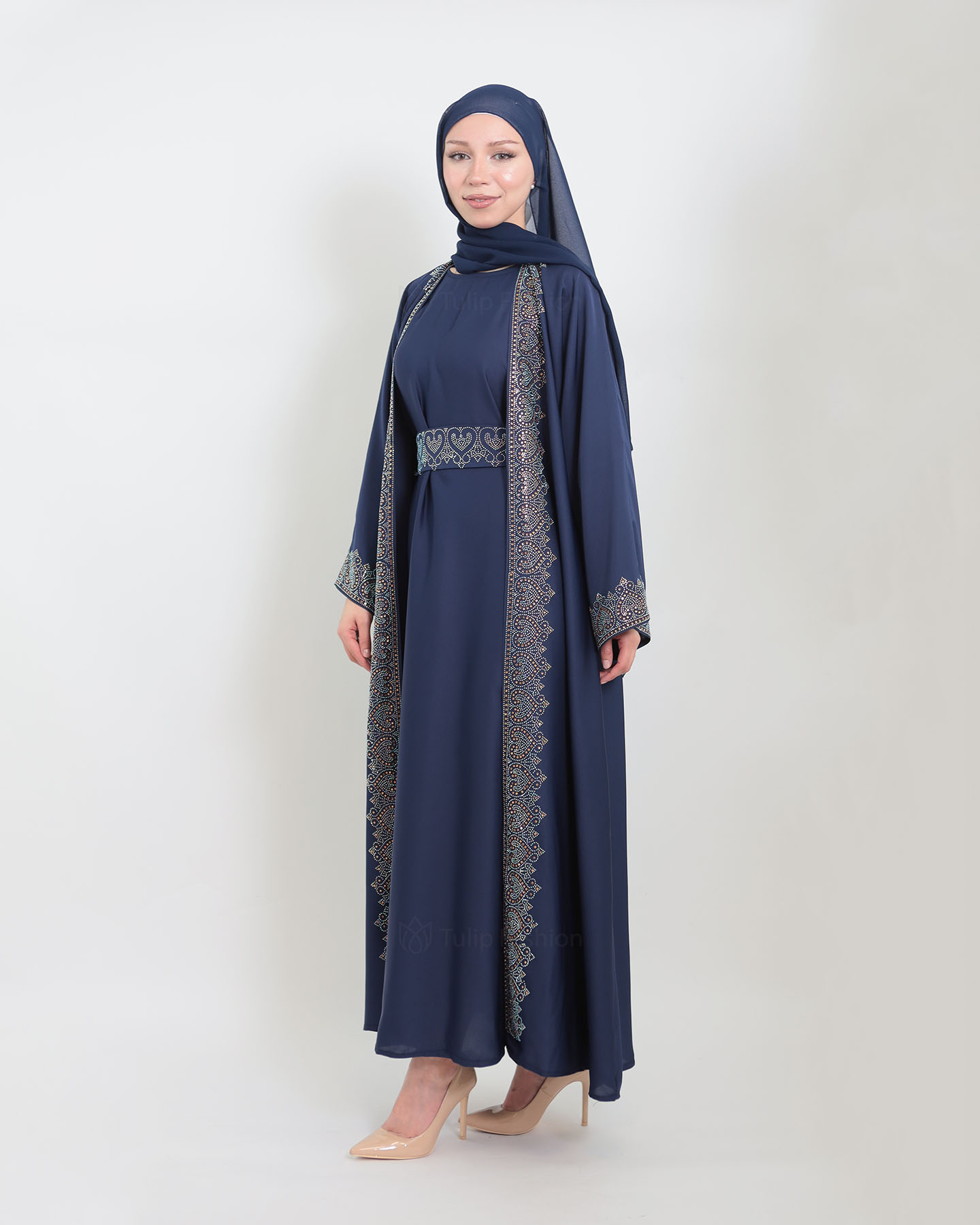 Open Abaya with Sleeveless Dress - Midnight Blue - 8