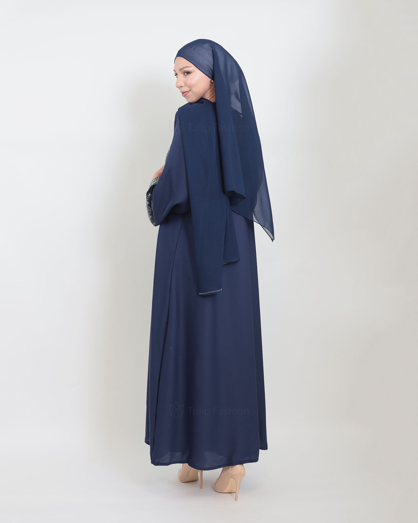 Open Abaya with Sleeveless Dress - Midnight Blue - 9