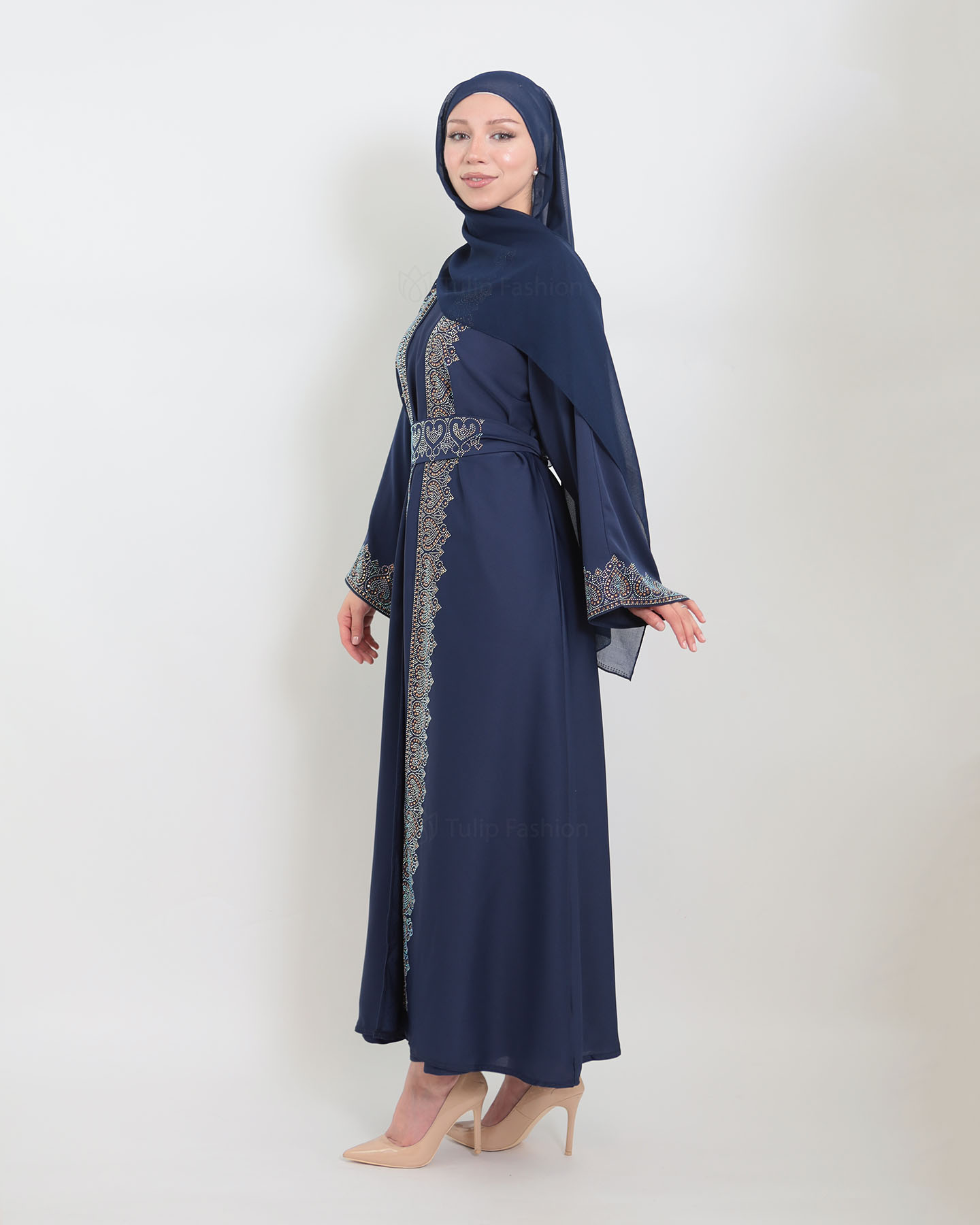 Open Abaya with Sleeveless Dress - Midnight Blue - 2