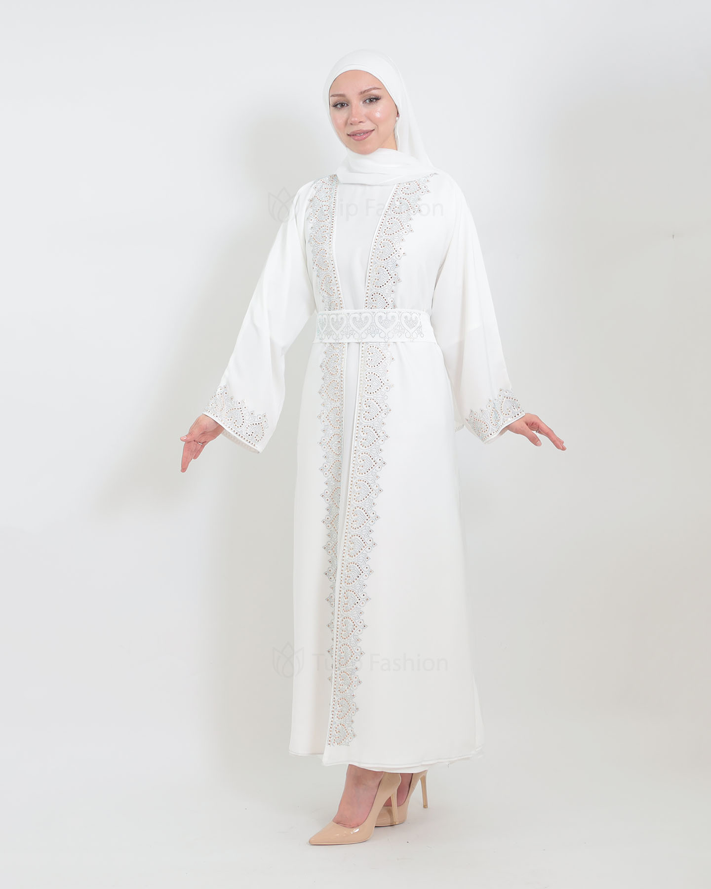 Open Abaya with sleeveless dress - Off-White - 2