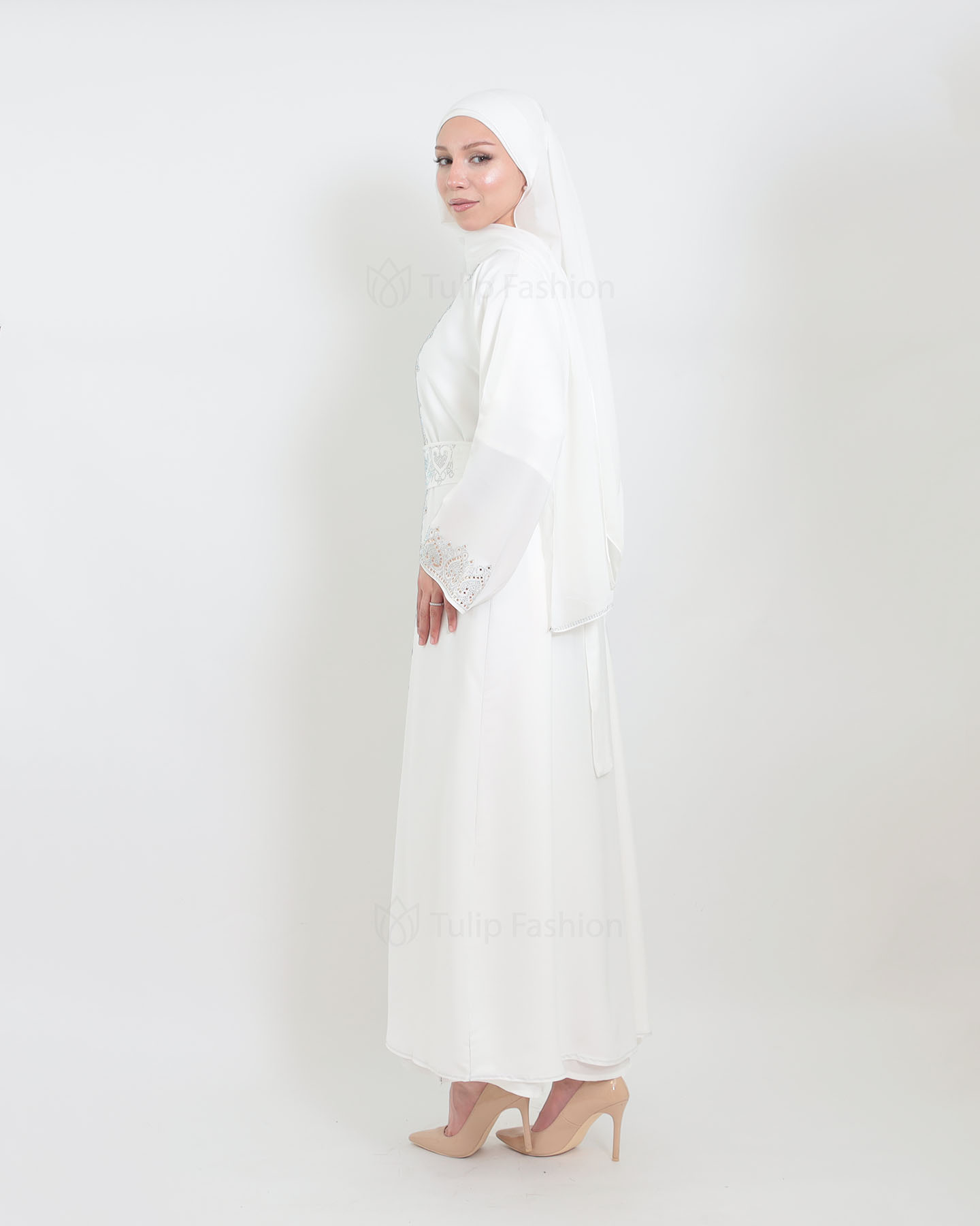 Open Abaya with sleeveless dress - Off-White - 3
